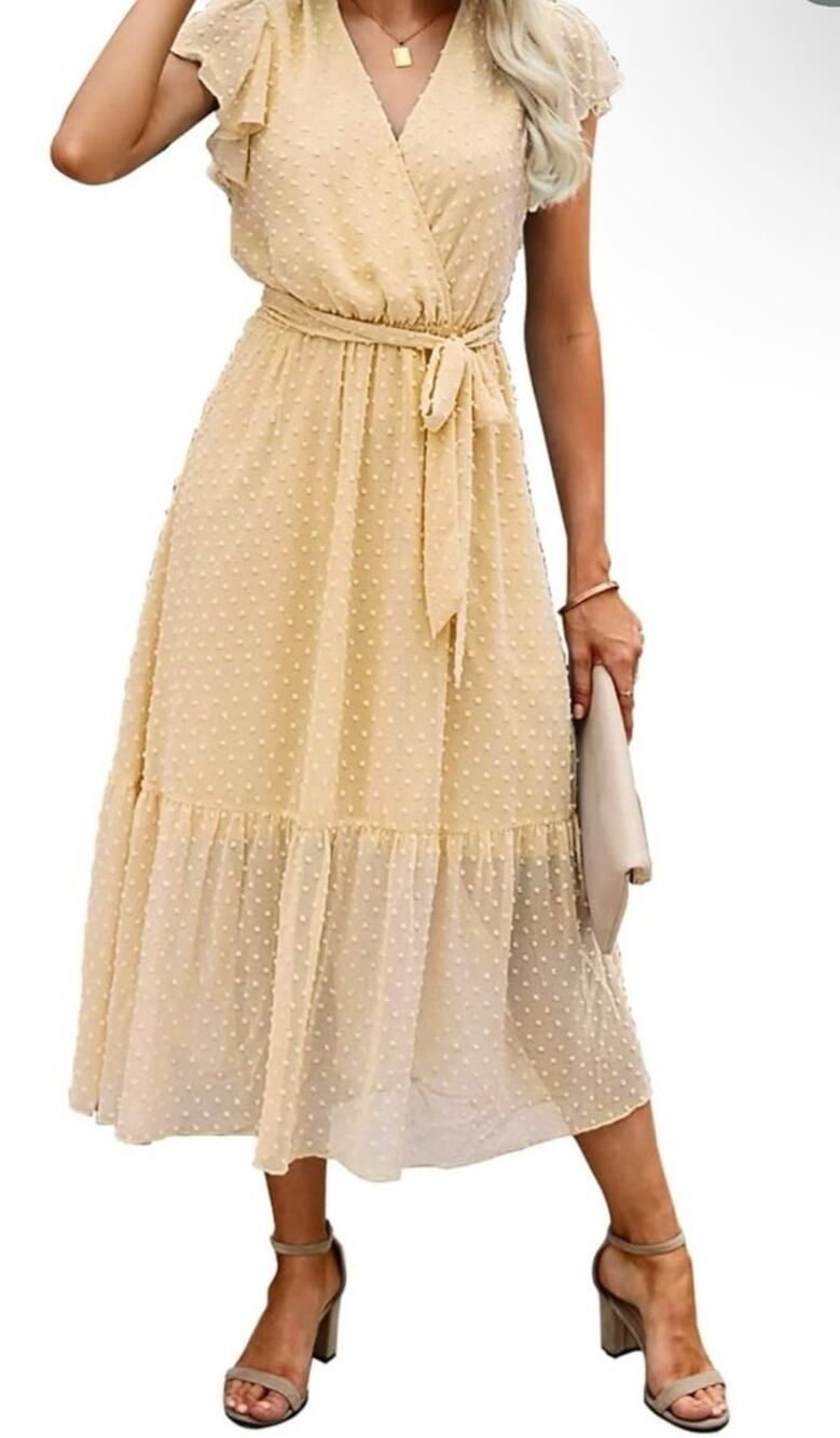 NWOT BTFBM Light Yellow Swiss Dot Bohemian Casual Wrap V Neck Midi Dress Small